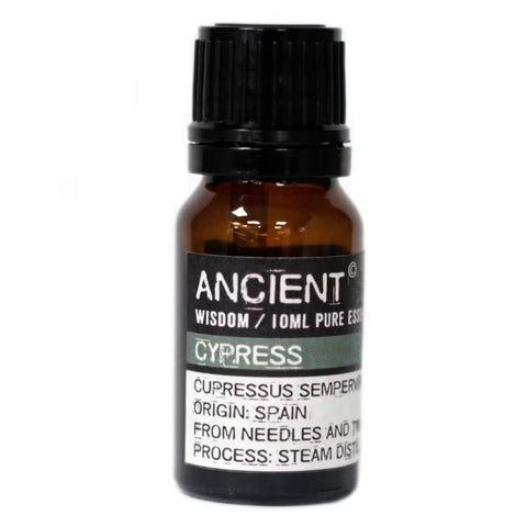 Bottle of Cypress essential oil with a black cap on a white background