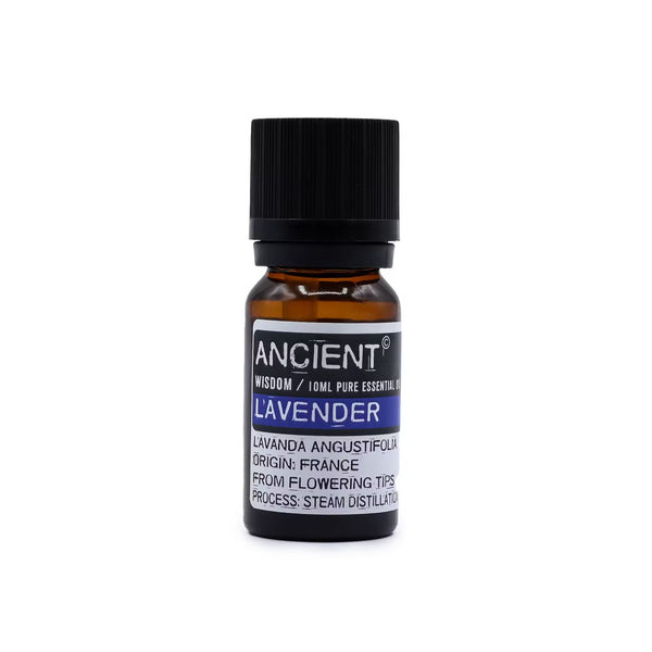 Bottle of lavender essential oil with a black cap on a white background