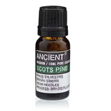 Bottle of Scots Pine essential oil with label on a white background
